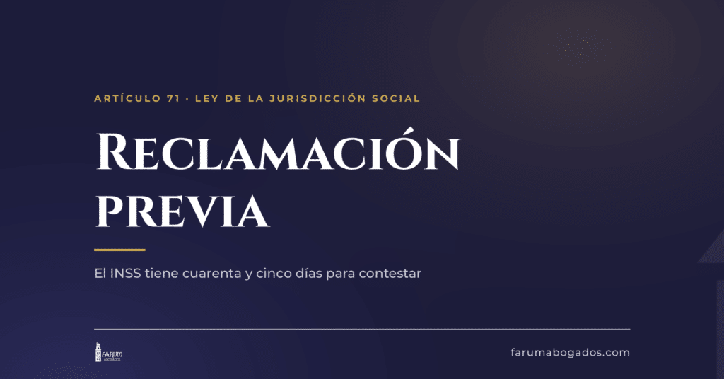 Tarjeta de Farum Abogados sobre la reclamación previa al INSS y sus plazos en A Coruña